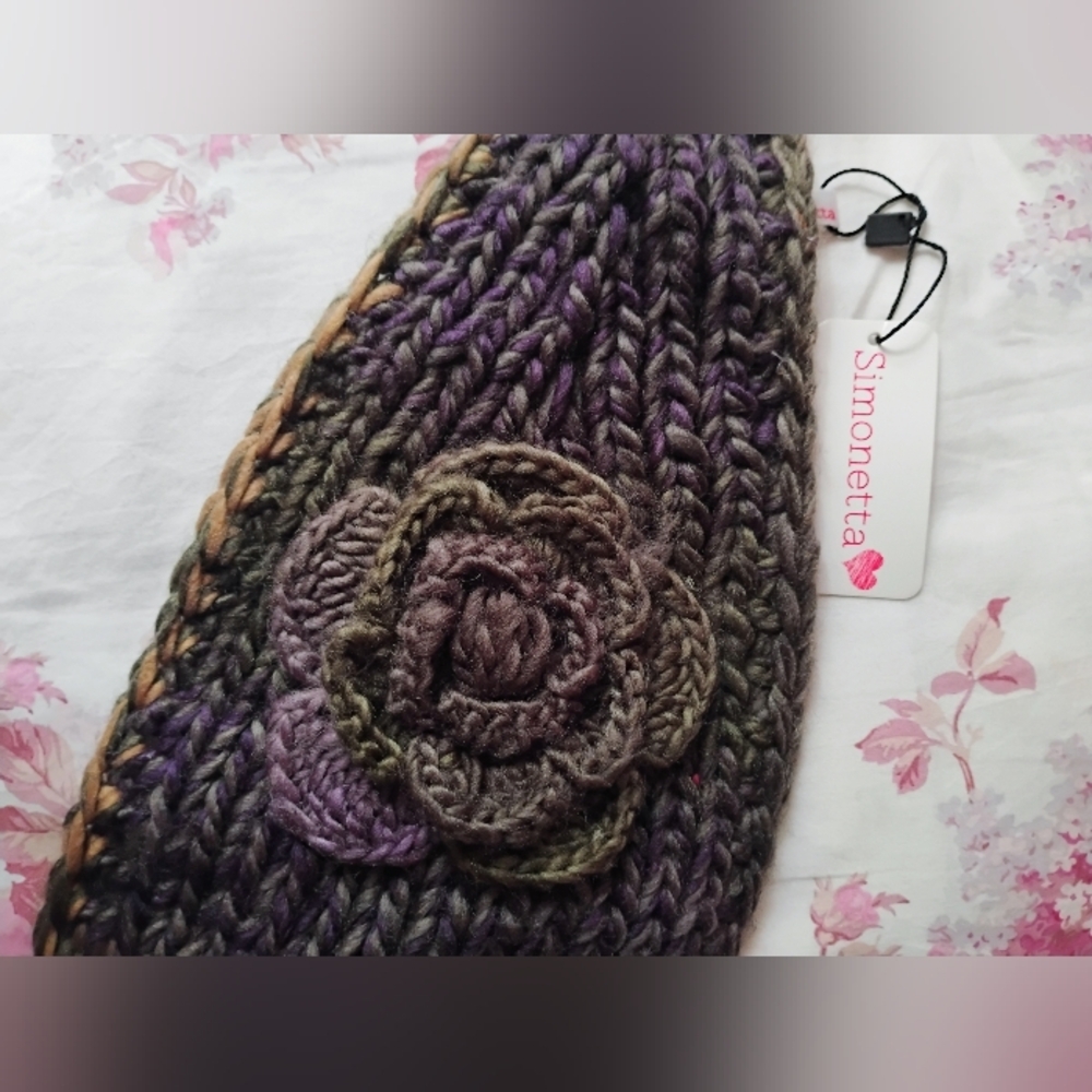 Simonetta Multicolor Knit Headband/ Neck Wrap with Flower Accent • New With Tag - Picture 3 of 8